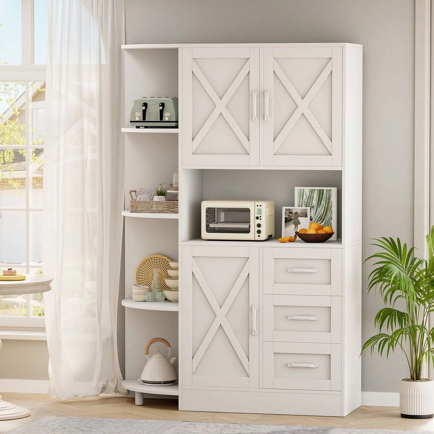 Furmax Tall Kitchen Pantry Cabinet Farmhouse Freestanding Storage Cabinet with Barn Doors, Drawers & Corner Shelves for Kitchen, Dining Room, White