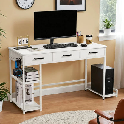 Furmax 47” Home Office Computer Desk, Writing Desk with Fabric Drawers, Storage Shelves & Hooks, Study Table, Gaming Table for Home, Bedroom, White