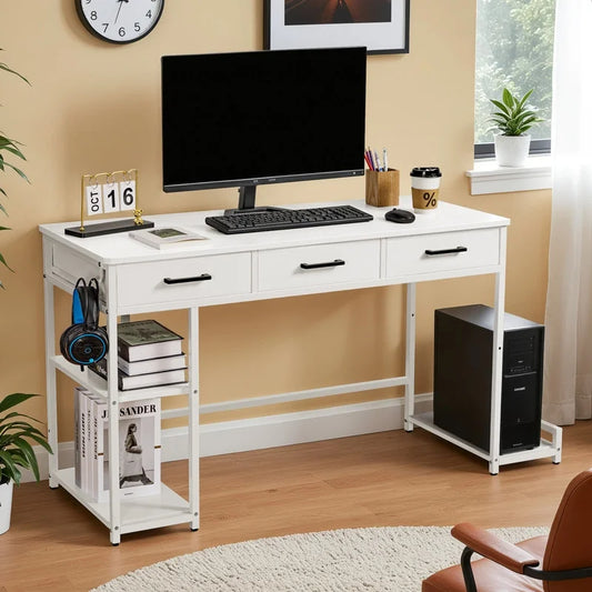 Furmax 47” Home Office Computer Desk, Writing Desk with Fabric Drawers, Storage Shelves & Hooks, Study Table, Gaming Table for Home, Bedroom, White