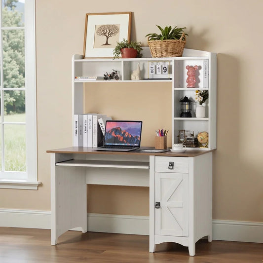 Furmax Computer Desk with Hutch, Bookshelf, Storage, Drawer for Small Spaces, Home Office Writing Table, Student Study Laptop Workstation, Wood Desk Bookcase Combination，White