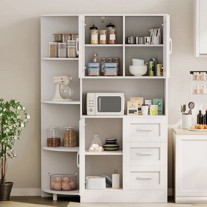 Furmax Tall Kitchen Pantry Cabinet Farmhouse Freestanding Storage Cabinet with Barn Doors, Drawers & Corner Shelves for Kitchen, Dining Room, White