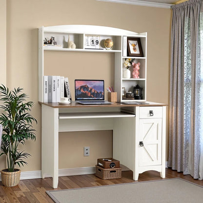 Furmax Computer Desk with Hutch, Bookshelf, Storage, Drawer for Small Spaces, Home Office Writing Table, Student Study Laptop Workstation, Wood Desk Bookcase Combination，White