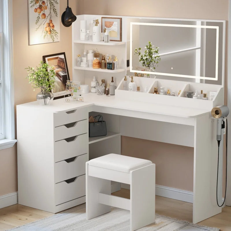 Furmax L Shaped Vanity Desk Set Corner Makeup Vanity Set with Adjustable LED Lighted Mirror & Power Outlets Dressing Table with Organizers, and Cushioned Stool