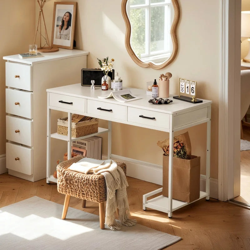 Furmax 47” Home Office Computer Desk, Writing Desk with Fabric Drawers, Storage Shelves & Hooks, Study Table, Gaming Table for Home, Bedroom, White