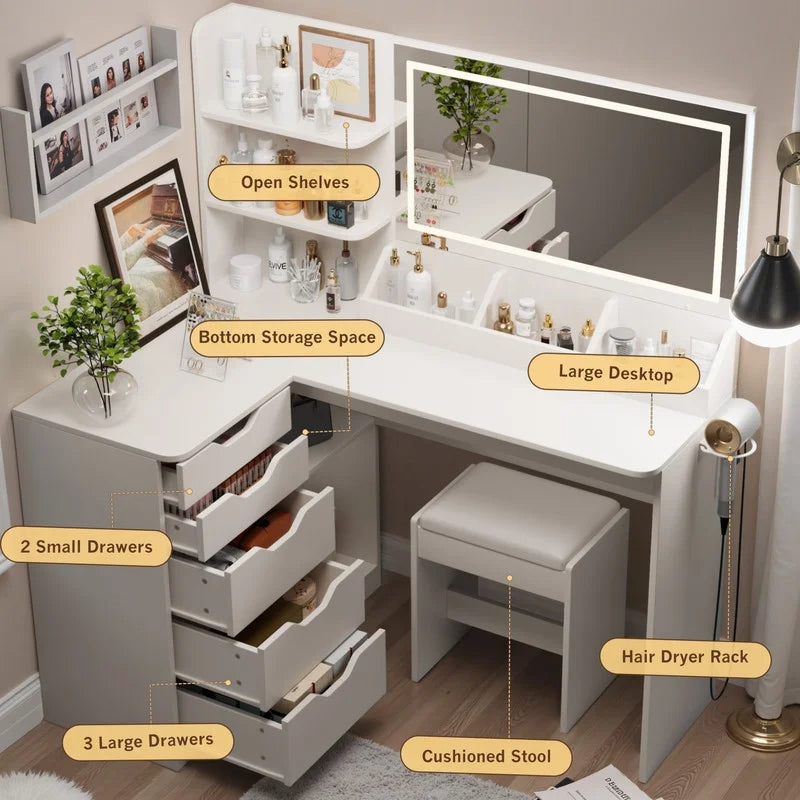 Furmax L Shaped Vanity Desk Set Corner Makeup Vanity Set with Adjustable LED Lighted Mirror & Power Outlets Dressing Table with Organizers, and Cushioned Stool