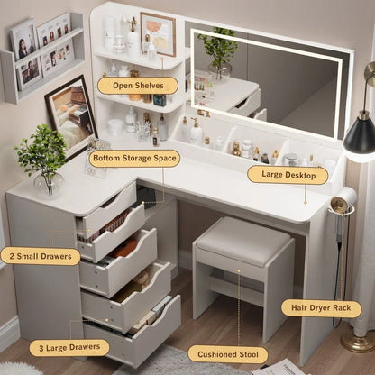Furmax L Shaped Vanity Desk Set Corner Makeup Vanity Set with Adjustable LED Lighted Mirror & Power Outlets Dressing Table with Organizers, and Cushioned Stool