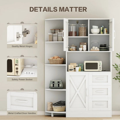 Furmax Tall Kitchen Pantry Cabinet Farmhouse Freestanding Storage Cabinet with Barn Doors, Drawers & Corner Shelves for Kitchen, Dining Room, White