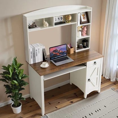 Furmax Computer Desk with Hutch, Bookshelf, Storage, Drawer for Small Spaces, Home Office Writing Table, Student Study Laptop Workstation, Wood Desk Bookcase Combination，White