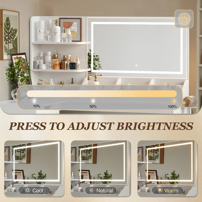 Furmax L Shaped Vanity Desk Set Corner Makeup Vanity Set with Adjustable LED Lighted Mirror & Power Outlets Dressing Table with Organizers, and Cushioned Stool