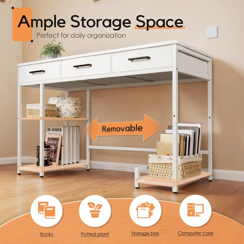 Furmax 47” Home Office Computer Desk, Writing Desk with Fabric Drawers, Storage Shelves & Hooks, Study Table, Gaming Table for Home, Bedroom, White