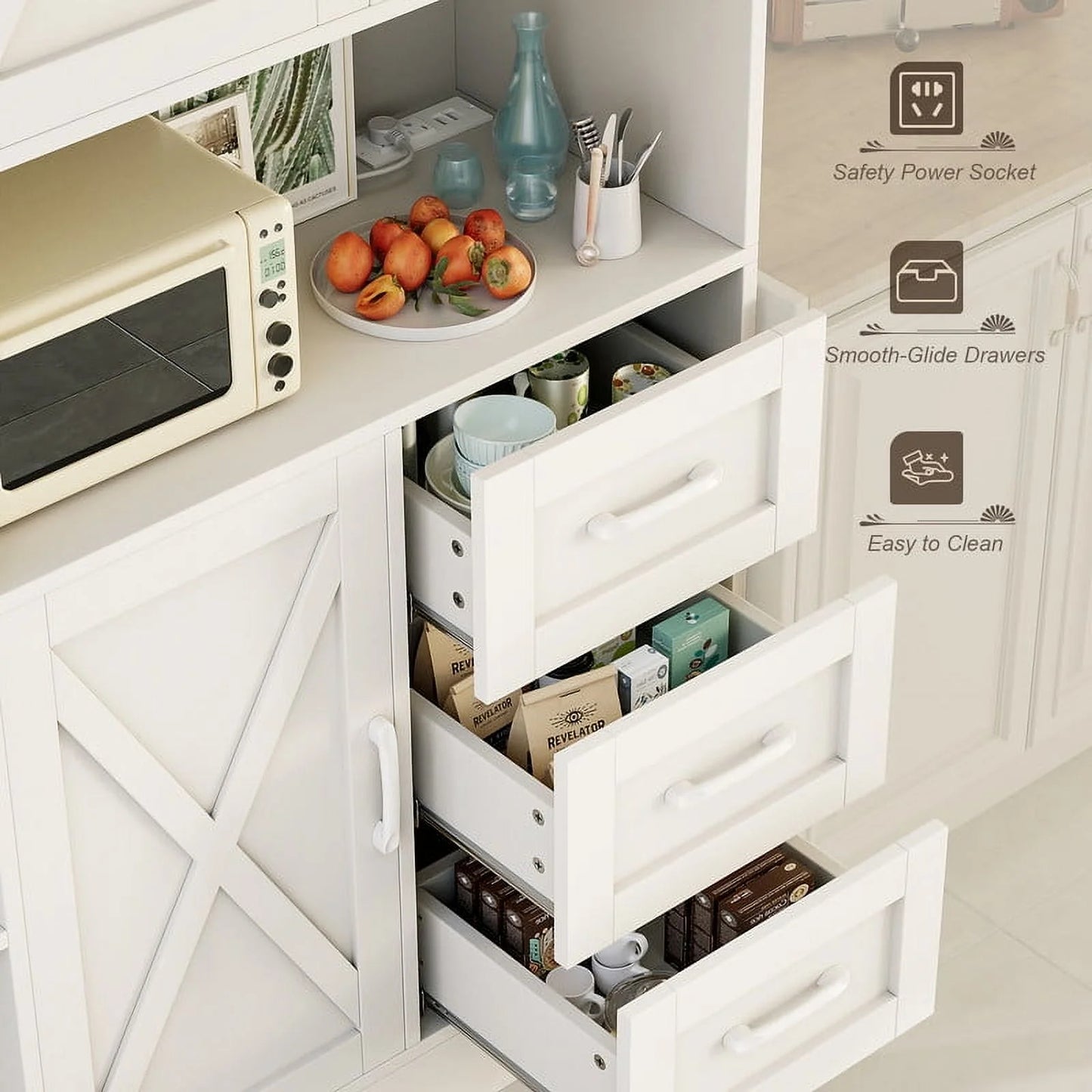 Furmax Tall Kitchen Pantry Cabinet Farmhouse Freestanding Storage Cabinet with Barn Doors, Drawers & Corner Shelves for Kitchen, Dining Room, White