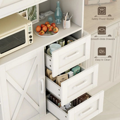 Furmax Tall Kitchen Pantry Cabinet Farmhouse Freestanding Storage Cabinet with Barn Doors, Drawers & Corner Shelves for Kitchen, Dining Room, White