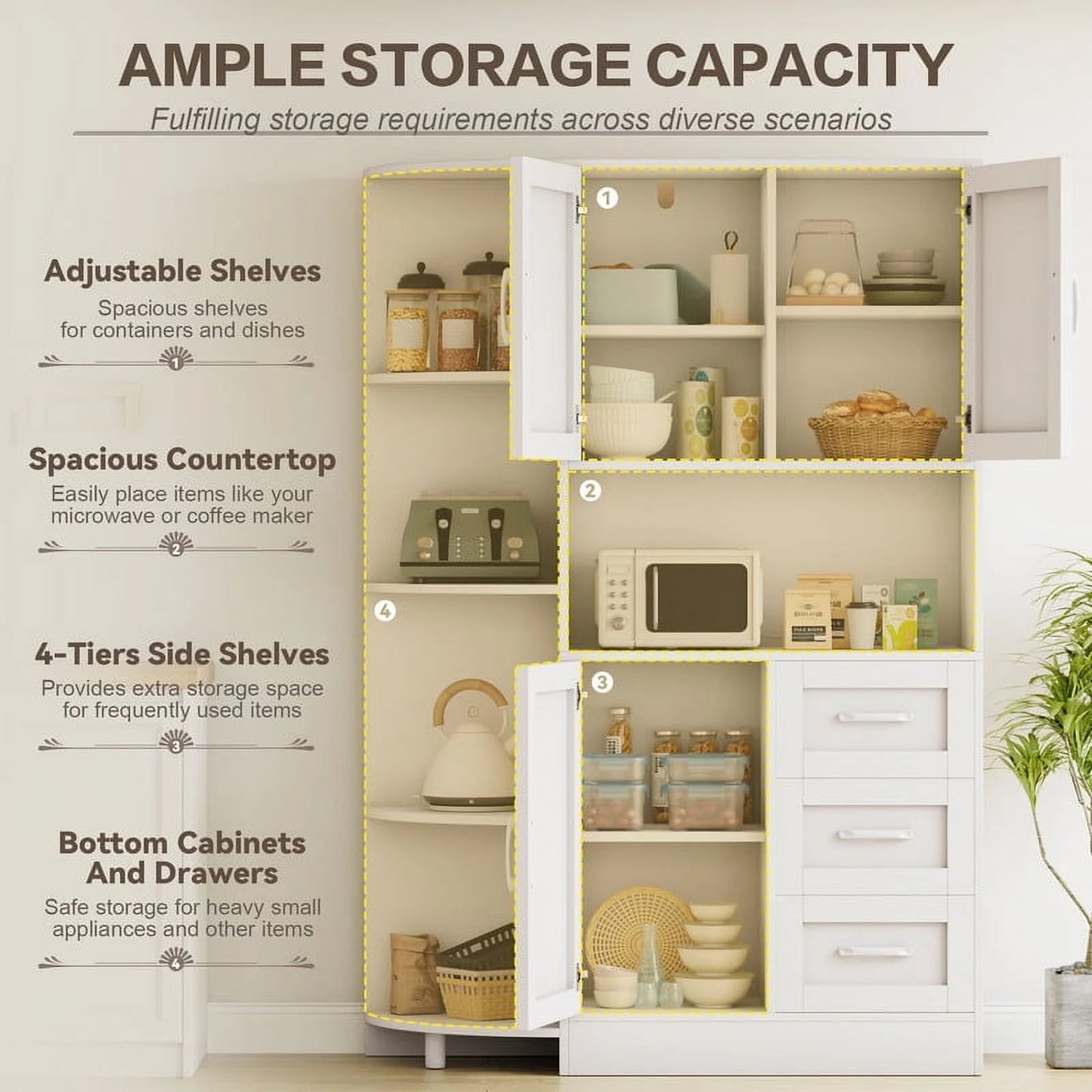 Furmax Tall Kitchen Pantry Cabinet Farmhouse Freestanding Storage Cabinet with Barn Doors, Drawers & Corner Shelves for Kitchen, Dining Room, White