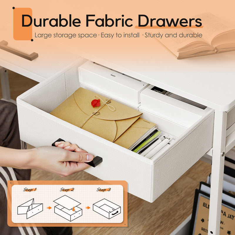 Furmax 47” Home Office Computer Desk, Writing Desk with Fabric Drawers, Storage Shelves & Hooks, Study Table, Gaming Table for Home, Bedroom, White