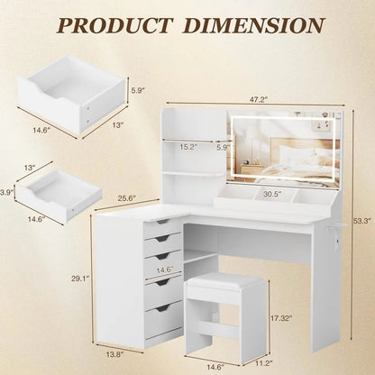 Furmax L Shaped Vanity Desk Set Corner Makeup Vanity Set with Adjustable LED Lighted Mirror & Power Outlets Dressing Table with Organizers, and Cushioned Stool