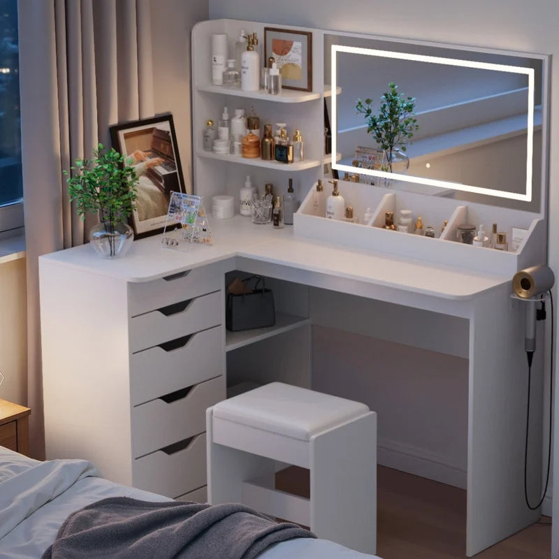 Furmax L Shaped Vanity Desk Set Corner Makeup Vanity Set with Adjustable LED Lighted Mirror & Power Outlets Dressing Table with Organizers, and Cushioned Stool