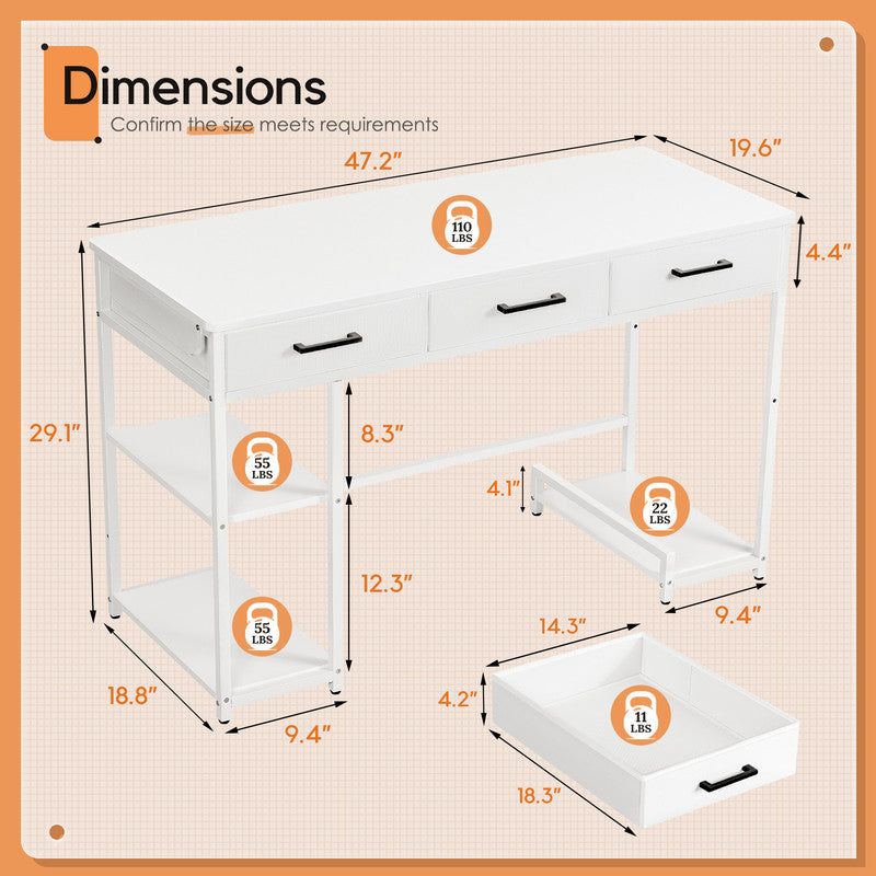 Furmax 47” Home Office Computer Desk, Writing Desk with Fabric Drawers, Storage Shelves & Hooks, Study Table, Gaming Table for Home, Bedroom, White