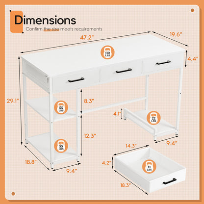 Furmax 47” Home Office Computer Desk, Writing Desk with Fabric Drawers, Storage Shelves & Hooks, Study Table, Gaming Table for Home, Bedroom, White