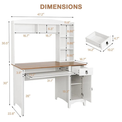 Furmax Computer Desk with Hutch, Bookshelf, Storage, Drawer for Small Spaces, Home Office Writing Table, Student Study Laptop Workstation, Wood Desk Bookcase Combination，White