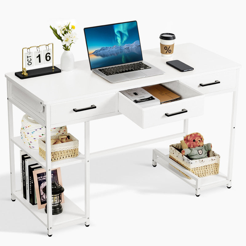 Furmax 47” Home Office Computer Desk, Writing Desk with Fabric Drawers, Storage Shelves & Hooks, Study Table, Gaming Table for Home, Bedroom, White