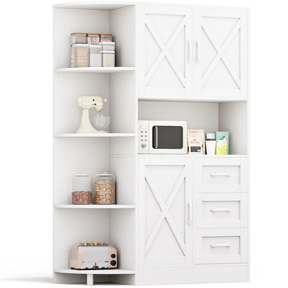 Furmax Tall Kitchen Pantry Cabinet Farmhouse Freestanding Storage Cabinet with Barn Doors, Drawers & Corner Shelves for Kitchen, Dining Room, White