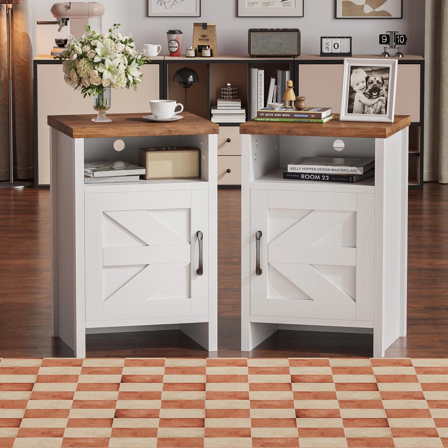 Furmax Farmhouse End Table, Nightstand Set of 2 with Barn Door and Shelf, Side Table for Living Room Bedroom