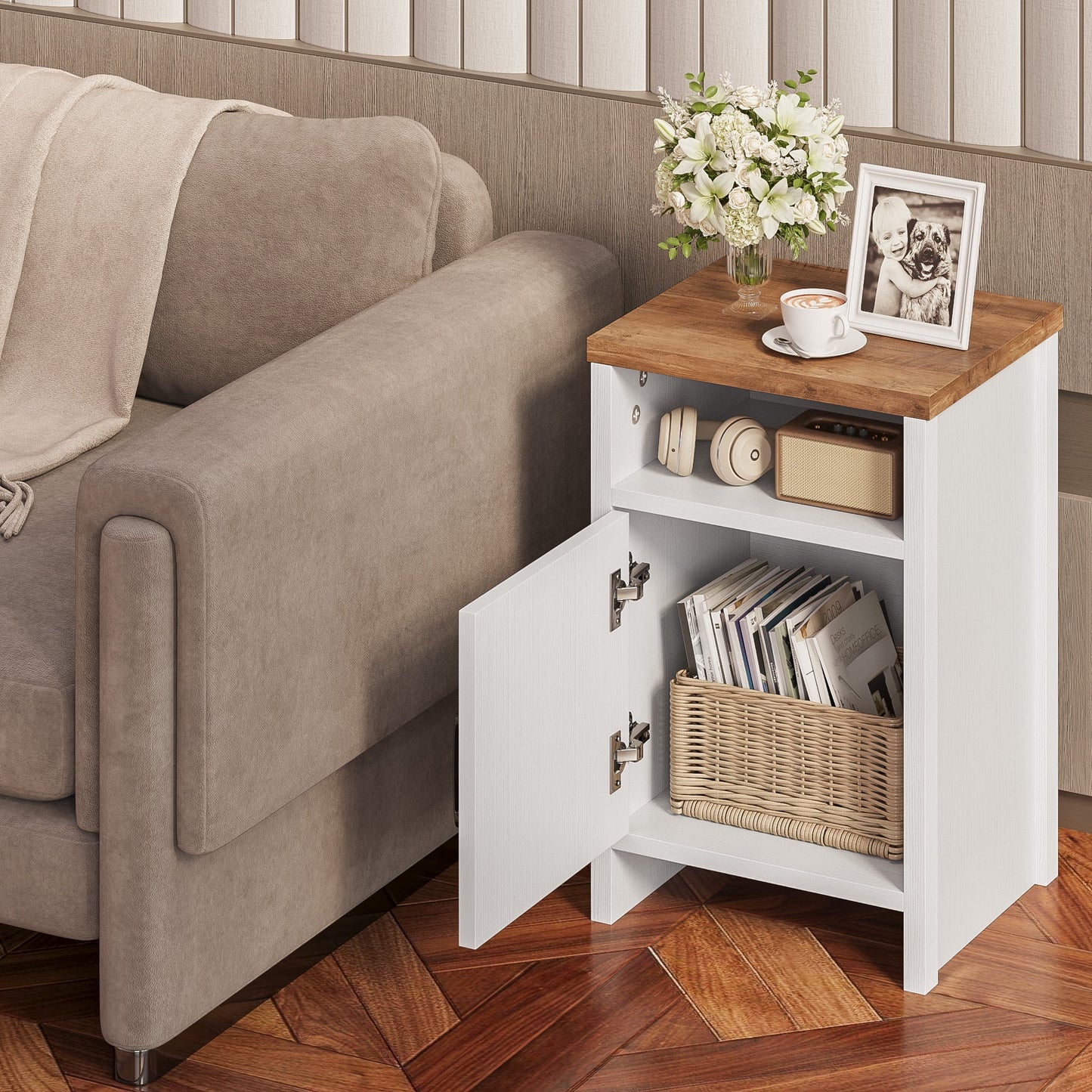 Furmax Farmhouse End Table, Nightstand Set of 2 with Barn Door and Shelf, Side Table for Living Room Bedroom