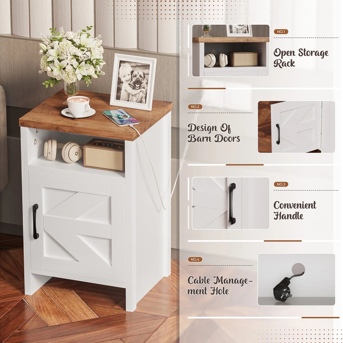 Furmax Farmhouse End Table, Nightstand Set of 2 with Barn Door and Shelf, Side Table for Living Room Bedroom