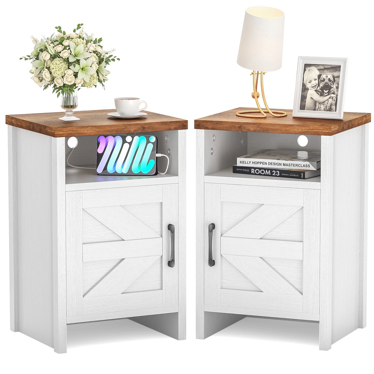 Furmax Farmhouse End Table, Nightstand Set of 2 with Barn Door and Shelf, Side Table for Living Room Bedroom