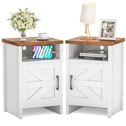 Furmax Farmhouse End Table, Nightstand Set of 2 with Barn Door and Shelf, Side Table for Living Room Bedroom