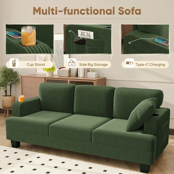 Furmax 84''W 3 Seat Sofa Couch Wide Armrest Modern Fabric Sofa with USB Charging Ports Corduroy Couch for Living Room,Green