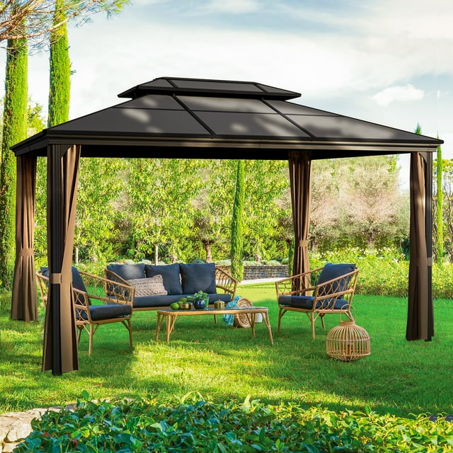 Furmax 10' x 12' Outdoor Hardtop Gazebo Galvanized Steel Metal Double Roof and Aluminum Frame with Canopy, Netting, Curtains Permanent Pergola for Patio Backyard Garden Lawns Parties