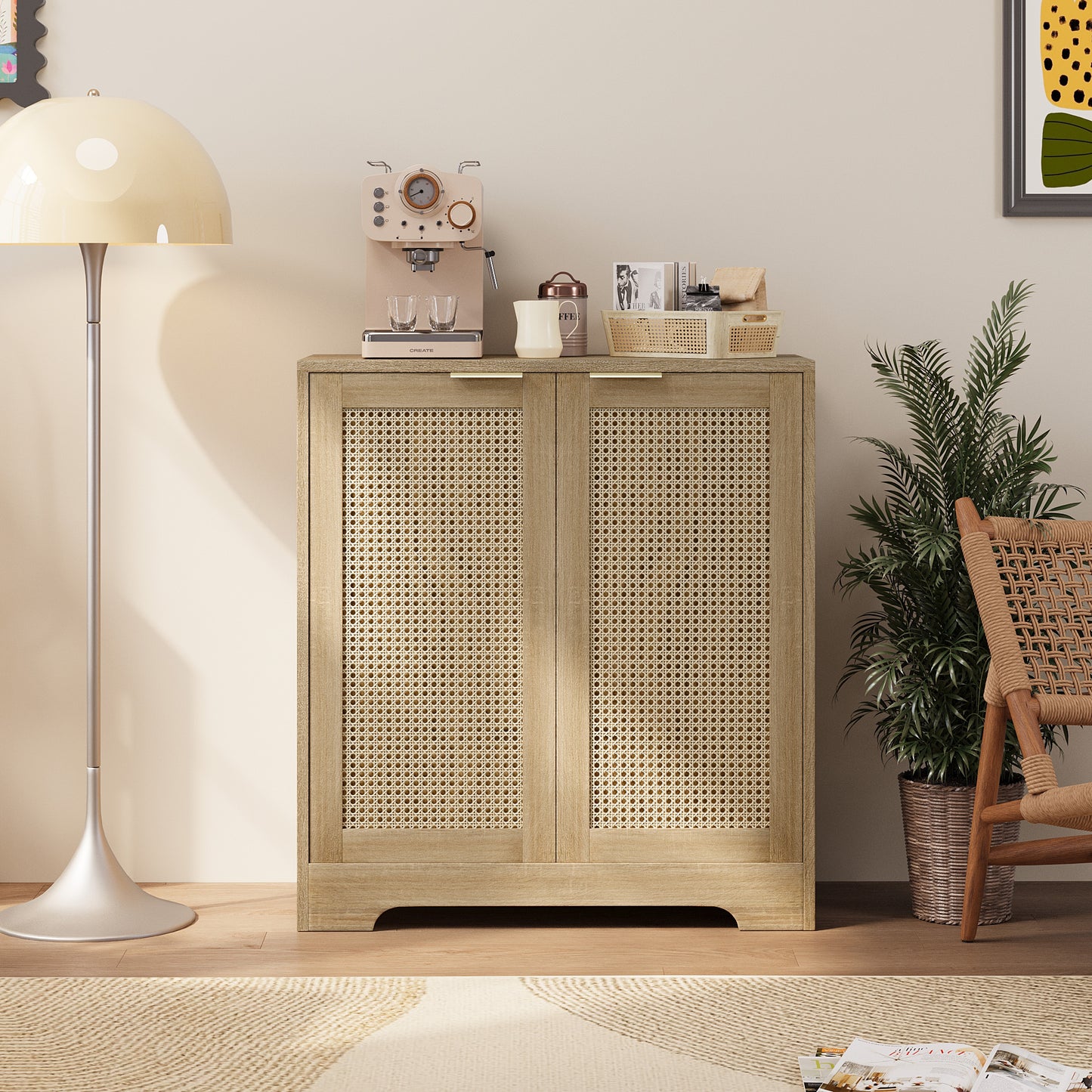 Furmax Rattan Door Buffet Cabinet Sideboard for Kitchen Wood Storage with Adjustable Shelf for Hallway Entry and Living Room