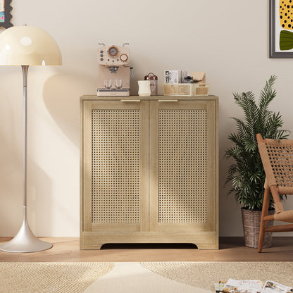 Furmax Rattan Door Buffet Cabinet Sideboard for Kitchen Wood Storage with Adjustable Shelf for Hallway Entry and Living Room