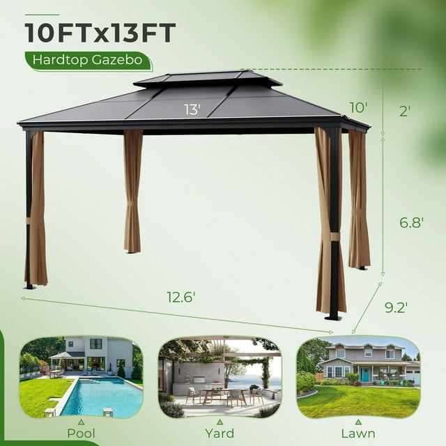 Furmax 10' x 12' Outdoor Hardtop Gazebo Galvanized Steel Metal Double Roof and Aluminum Frame with Canopy, Netting, Curtains Permanent Pergola for Patio Backyard Garden Lawns Parties
