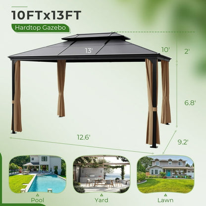 Furmax 10' x 12' Outdoor Hardtop Gazebo Galvanized Steel Metal Double Roof and Aluminum Frame with Canopy, Netting, Curtains Permanent Pergola for Patio Backyard Garden Lawns Parties
