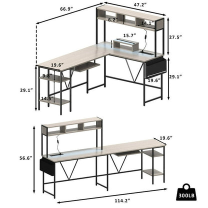 Furmax L-Shape Office Desk Gaming Table with LED Lights Storage Rack Built-in Socket Computer Stand Organizer Pocket Keyboard Drawer
