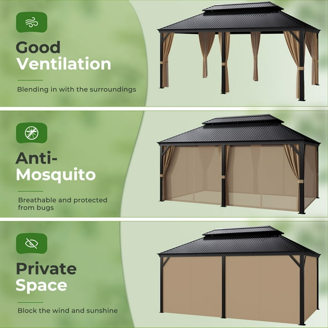 Furmax 10' x 12' Outdoor Hardtop Gazebo Galvanized Steel Metal Double Roof and Aluminum Frame with Canopy, Netting, Curtains Permanent Pergola for Patio Backyard Garden Lawns Parties