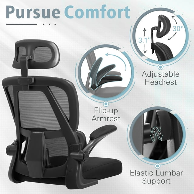 Furmax Ergonomic Office Chair Mesh Office Chair with Adjustable Headrest & Flip-Up Arms, Swivel Computer Task Chair with Lumbar Support