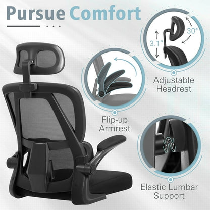 Furmax Ergonomic Office Chair Mesh Office Chair with Adjustable Headrest & Flip-Up Arms, Swivel Computer Task Chair with Lumbar Support