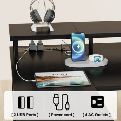 Furmax L-Shape Office Desk Gaming Table with LED Lights Built-in Socket Computer Stand Cloth Drawer 2 Types of Assembly