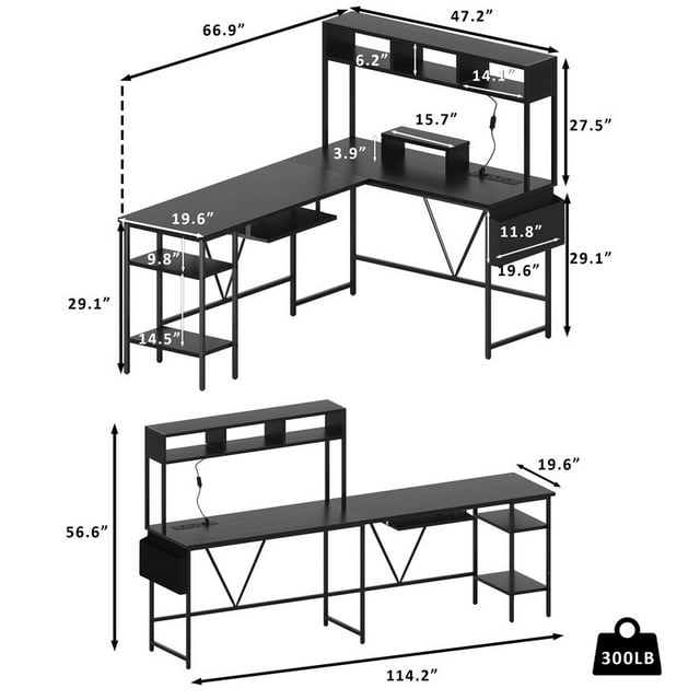 Furmax L-Shape Office Desk Gaming Table with LED Lights Storage Rack Built-in Socket Computer Stand Organizer Pocket Keyboard Drawer