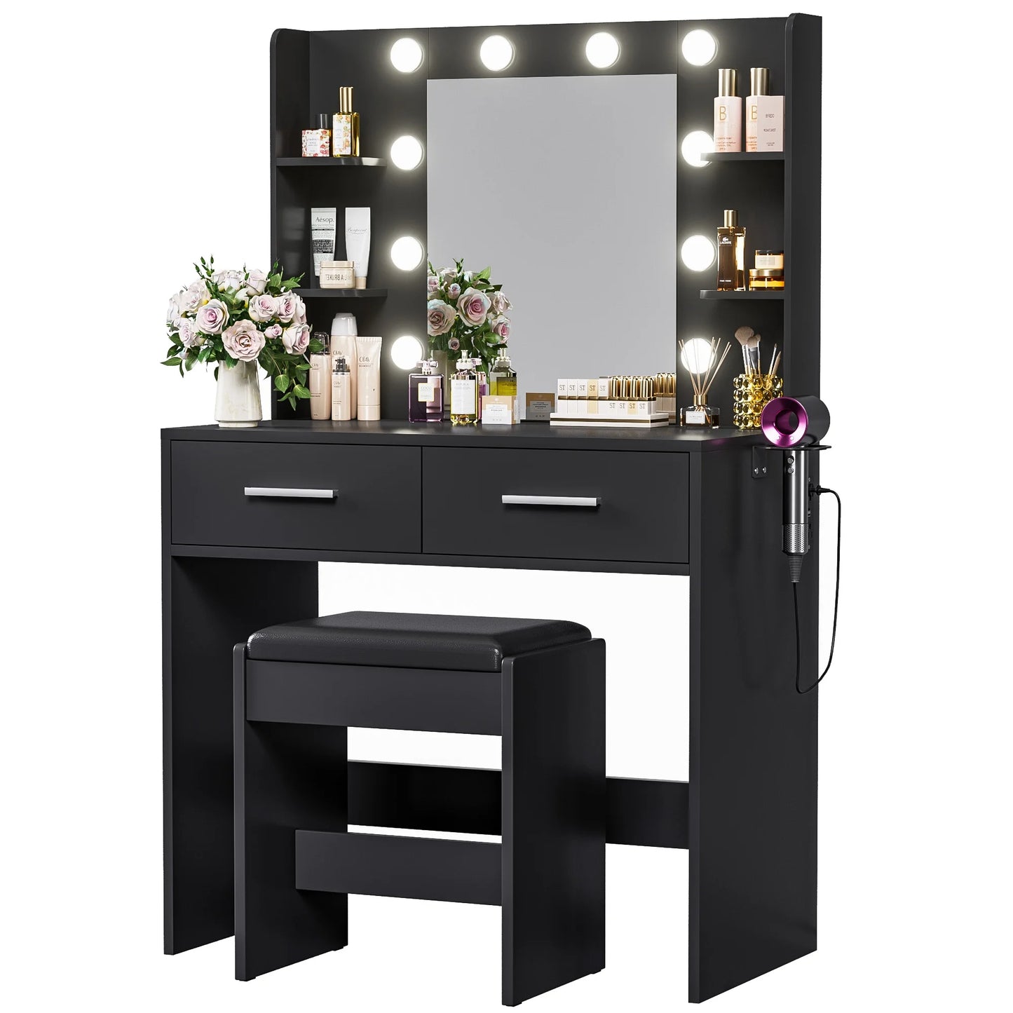 Furmax Makeup Vanity Table and Chair Set with 3 Modes Adjustable Lights and Mirror Vanity Desk with Shelves and Drawer