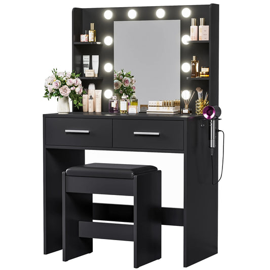 Furmax Makeup Vanity Table and Chair Set with 3 Modes Adjustable Lights and Mirror Vanity Desk with Shelves and Drawer