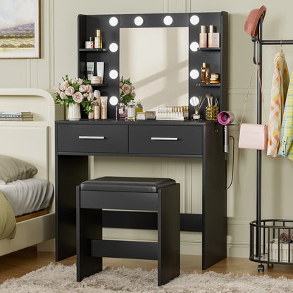 Furmax Makeup Vanity Table and Chair Set with 3 Modes Adjustable Lights and Mirror Vanity Desk with Shelves and Drawer