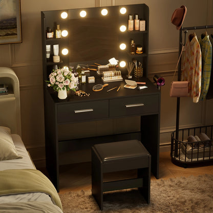 Furmax Makeup Vanity Table and Chair Set with 3 Modes Adjustable Lights and Mirror Vanity Desk with Shelves and Drawer