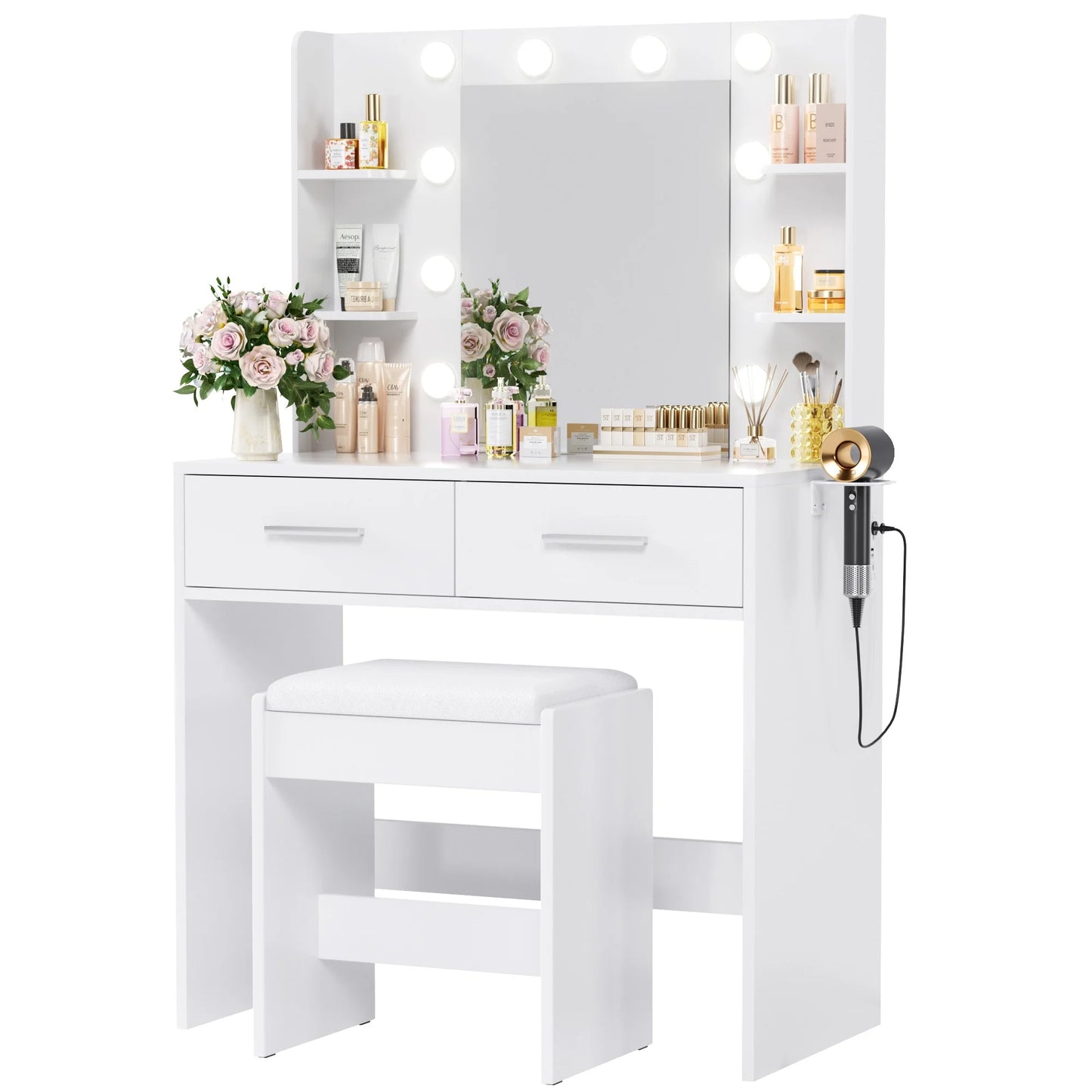 Furmax Makeup Vanity Table and Chair Set with 3 Modes Adjustable Lights and Mirror Vanity Desk with Shelves and Drawer