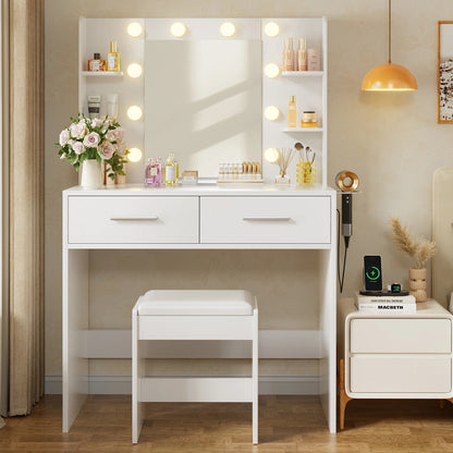 Furmax Makeup Vanity Table and Chair Set with 3 Modes Adjustable Lights and Mirror Vanity Desk with Shelves and Drawer