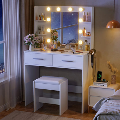 Furmax Makeup Vanity Table and Chair Set with 3 Modes Adjustable Lights and Mirror Vanity Desk with Shelves and Drawer