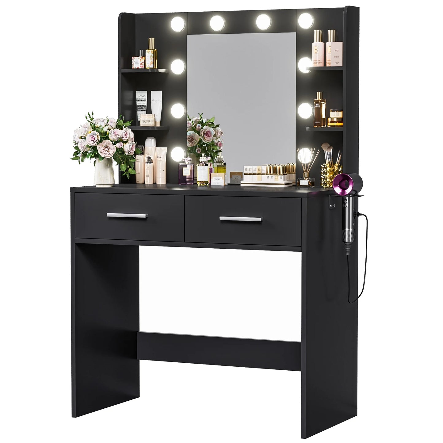 Furmax Makeup Vanity Table and Chair Set with 3 Modes Adjustable Lights and Mirror Vanity Desk with Shelves and Drawer